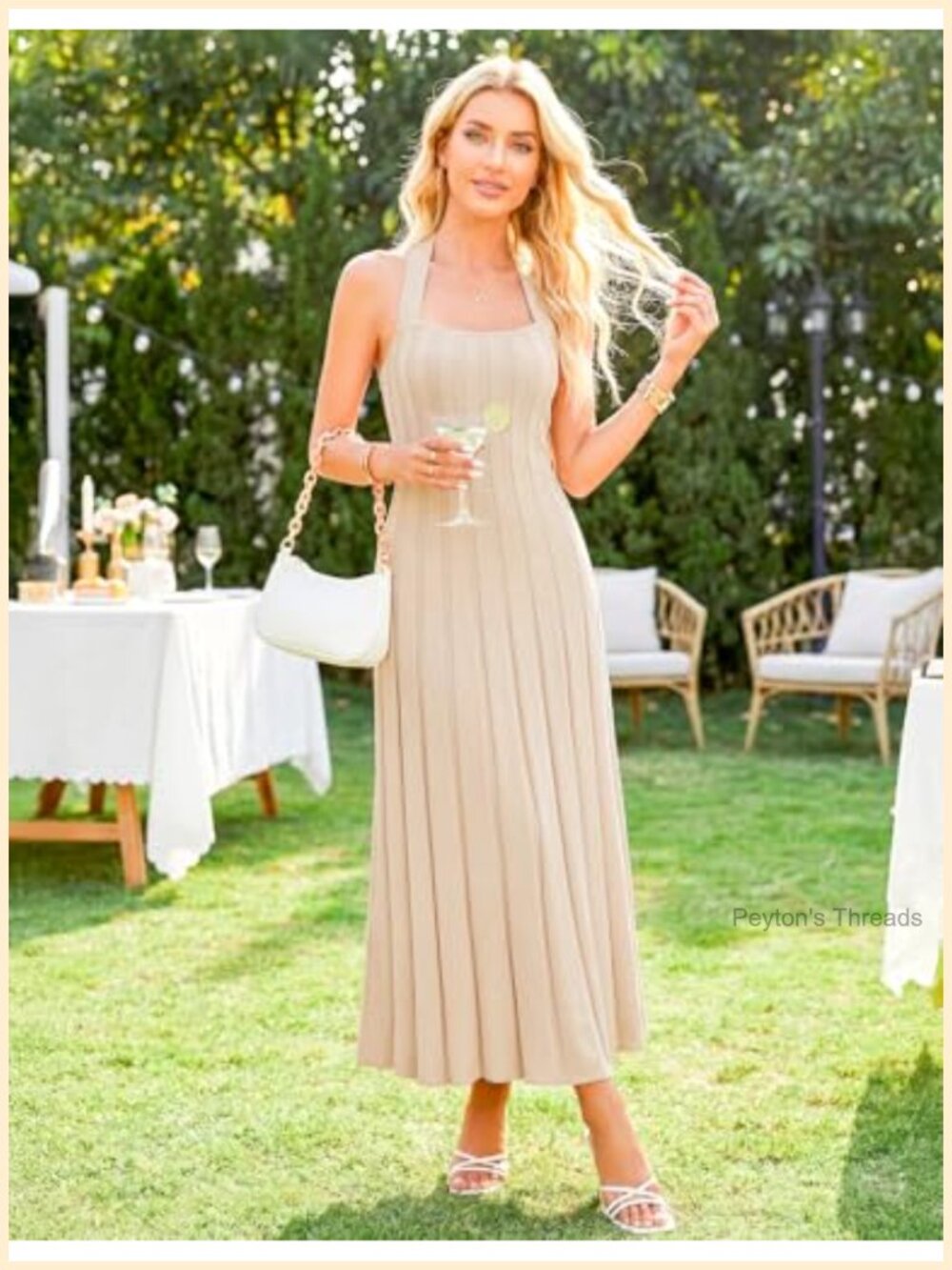 Women Ribbed Knit Halter Bodycon Midi Dress Backless Tie Neck - Picture 5 of 6